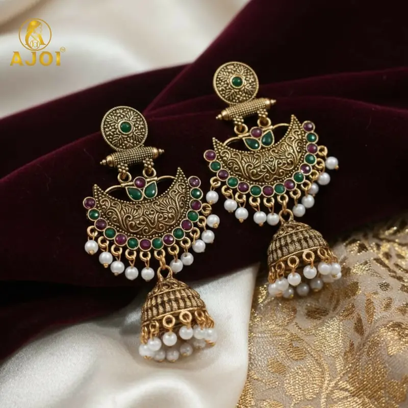 Premium Antique Gold Chandbali-Style Jhumka Earrings 1