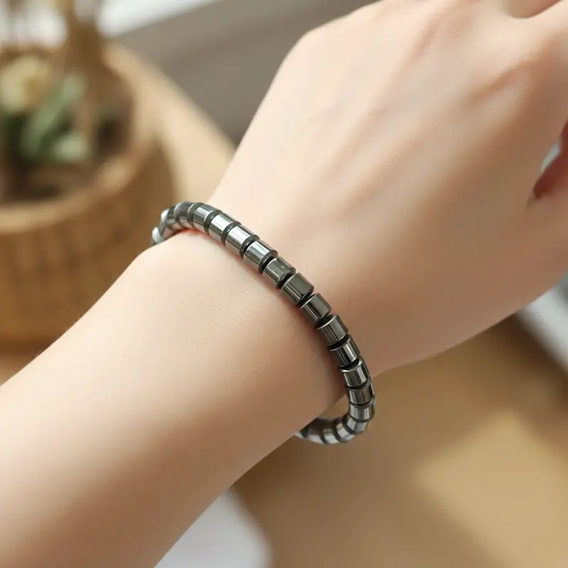 Premium Black Hematite Barrel Bead Stretch Bracelet 1
