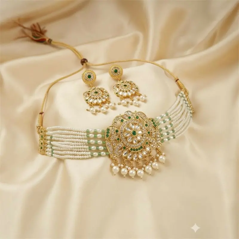 Premium Bridal Kundan Jewelry Set – Pearl-Adorned Necklace And Matching Earrings 1