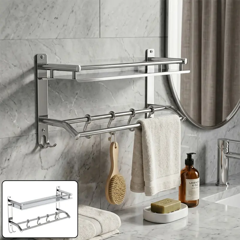 Premium Stainless Steel Towel Rack With Shelf And Dual Hooks – Space-Saving Bathroom Organizer 1