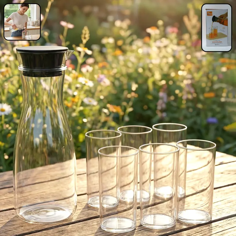 Prexo Bpa-Free Water Jug & Glass Set – 1L Pitcher + Six 300Ml Drinking Tumblers 1
