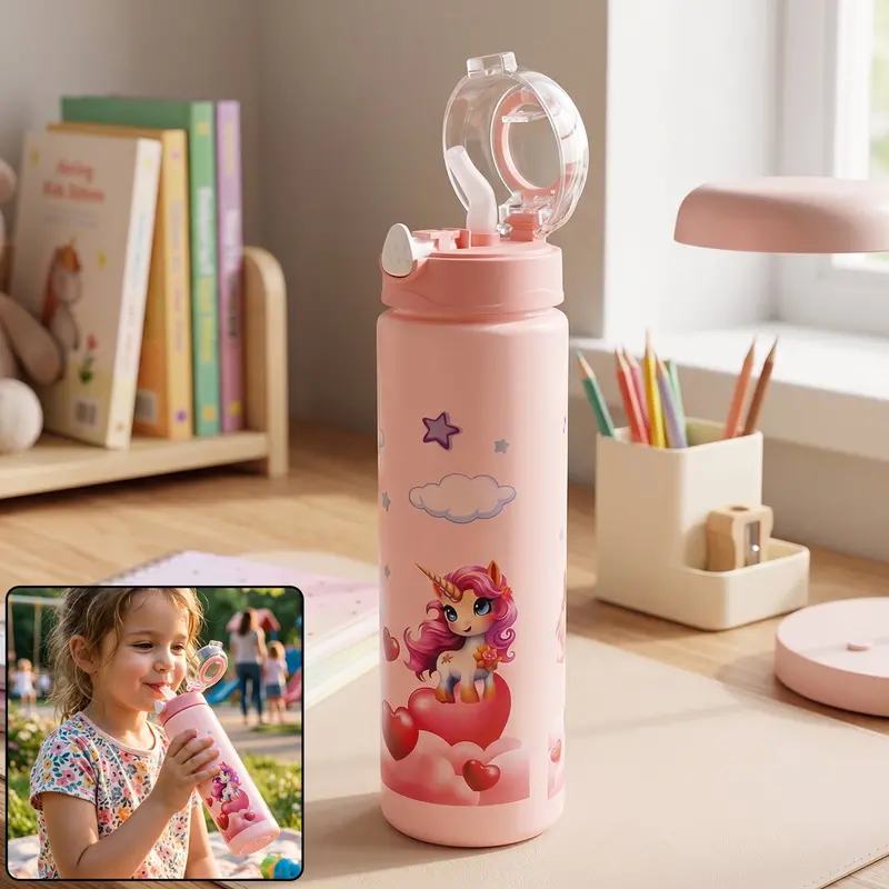 Princess-Themed Kids Flip-Top Water Bottle With Built-In Straw 1