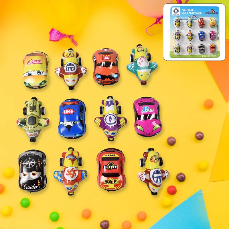 Pull-Back Action Toy Vehicles – Twelve-Piece Pvc Car And Airplane Cartoon Set 1