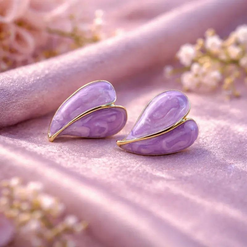 Purple Glossy Leaf Stud Earrings – Rich-Tone Gold-Outlined Jewelry For Women 1