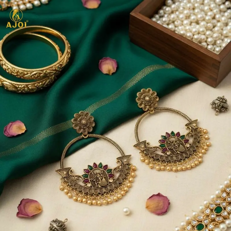 Radha-Krishna Central Deity Chandbali Earrings 1