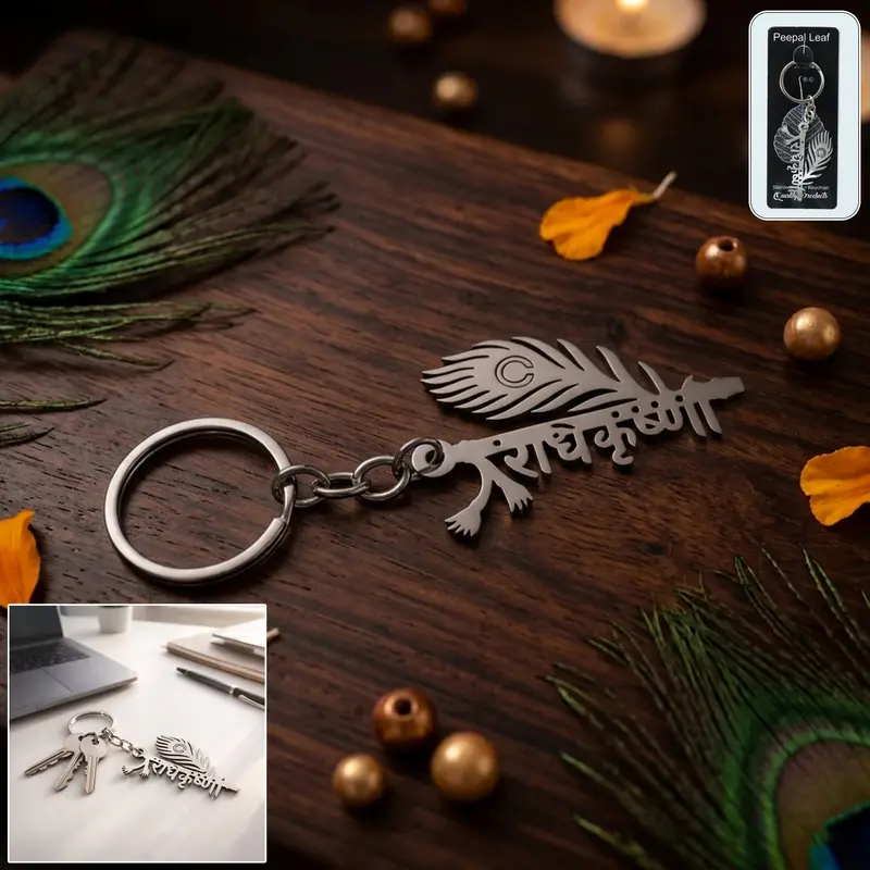 Radhe Krishna Keychain – Dual-Deity Metal Charm With Sacred Script Engraving 1