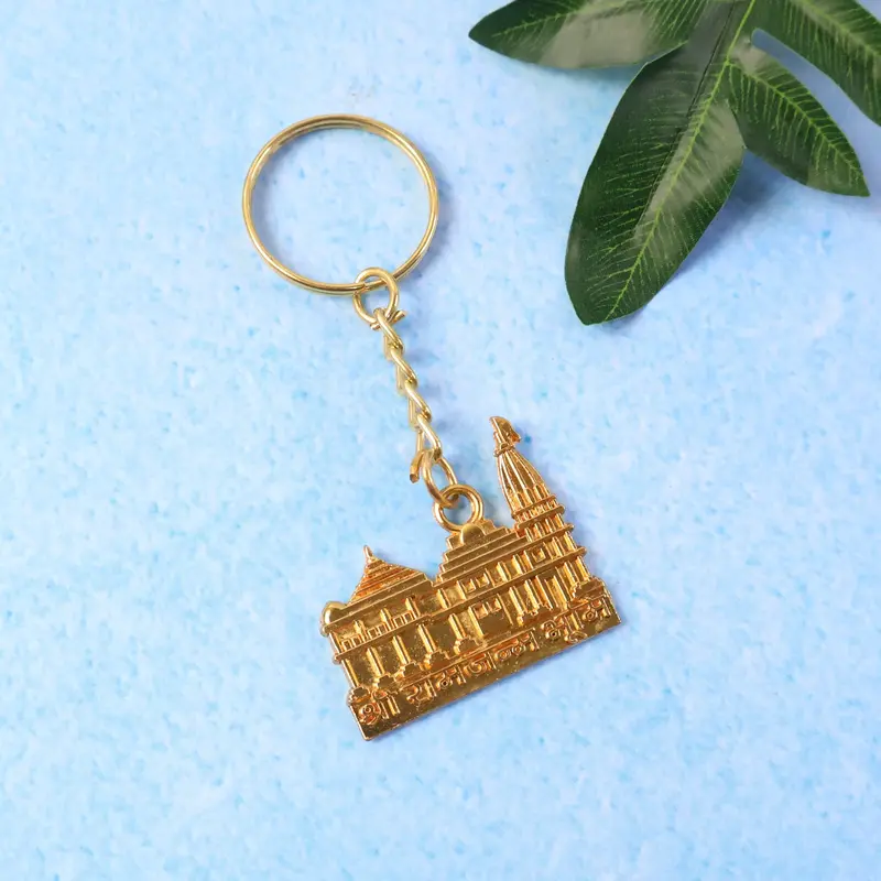 Ram Mandir Themed Keychain – Golden-Tone Spiritual Keepsake 1