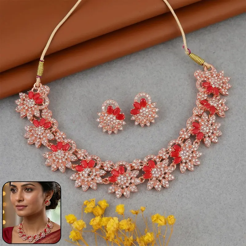Red Gemstone Floral Jewelry Set – Statement Necklace And Coordinating Earrings 1