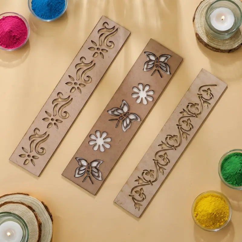 Reusable Wooden Rangoli Stencil Set – 3-Piece Umbra Patti Border Templates 1