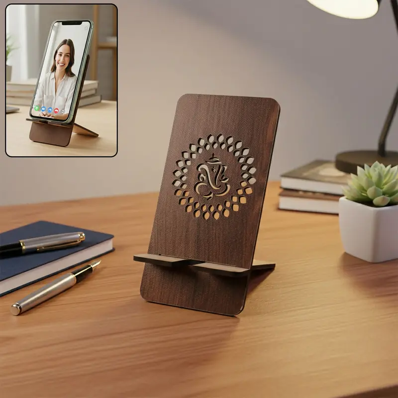 Reversible Wooden Mobile Stand Featuring Dual-Side Ganesha Carving 1