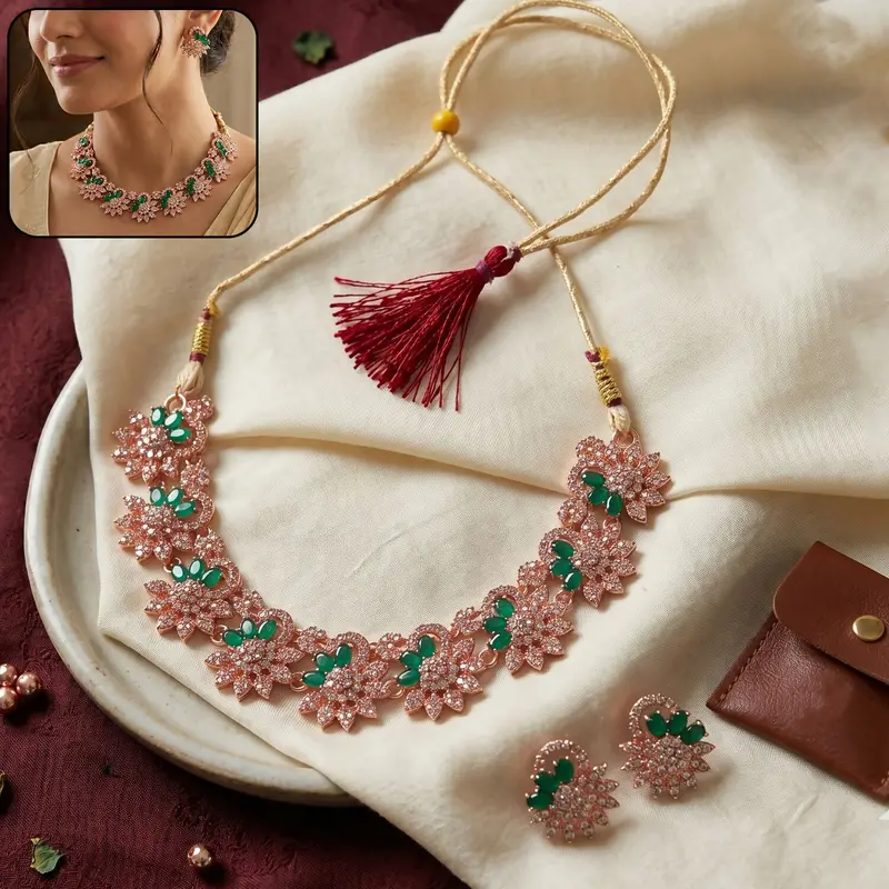 Rose Gold Floral Jewelry Set – Delicate Necklace And Earrings With Emerald Accents 1
