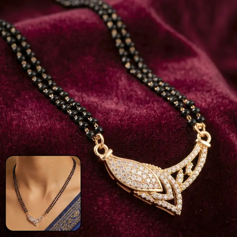 Rose Gold Marquise Eye Cz Pendant In V-Frame Setting – Contemporary Double-Strand Mangalsutra 1