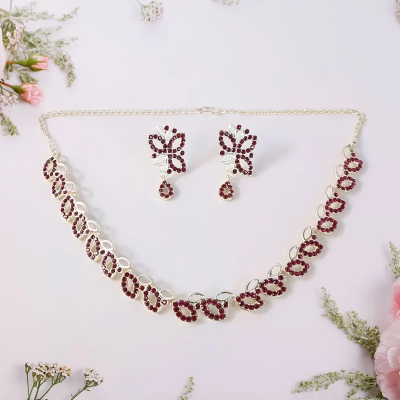 Rose-Gold Polished Ad-Studded Necklace And Matching Jewelry Set 1