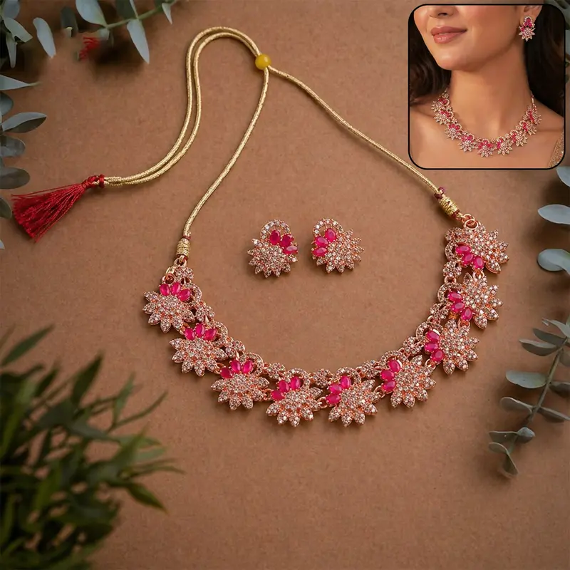 Rose Gold Statement Jewelry Set – Necklace And Earrings With Vibrant Red Stones 1