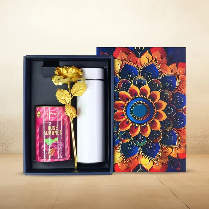 Rose-Infused Almond Gift Hamper – Golden Rose Theme With Bottle (3-Piece) 1