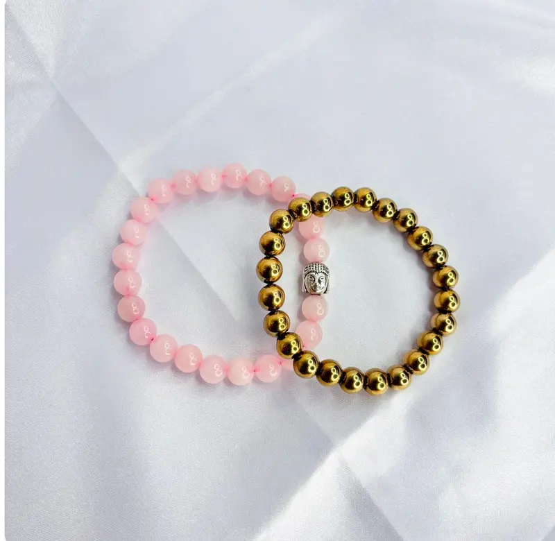 Rose Quartz & Buddha Charm Bracelet Set – 2-Piece Reiki Healing Pair 1