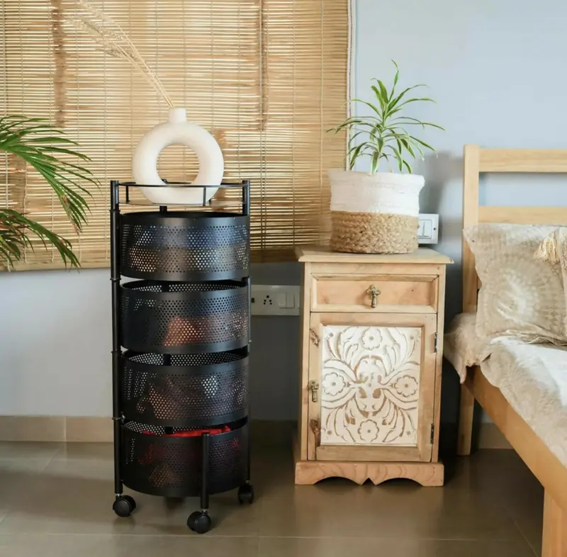 Round 4-Tier Kitchen Trolley – Rust-Resistant Mesh Baskets & Swivel Casters 1