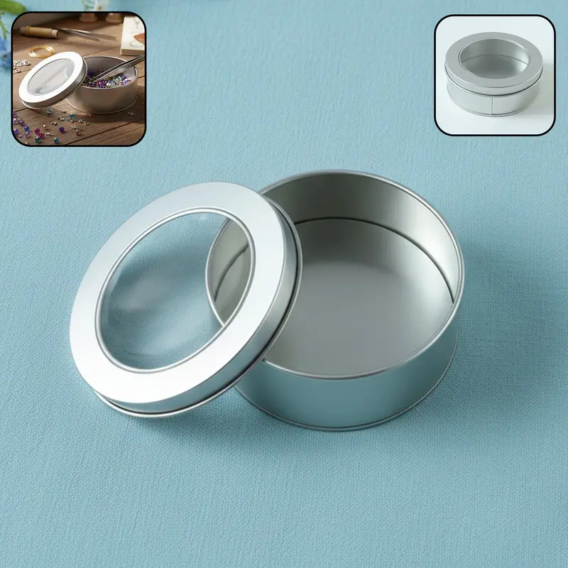 Round 9.5 Cm Metal Storage Tin With Clear Viewing Window Lid 1