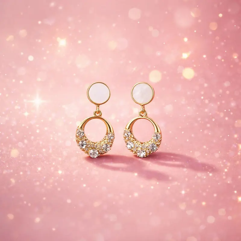 Round Crystal Drop Earrings With Pearl Top – Gold-Tone Elegant Dangle Jewelry 1