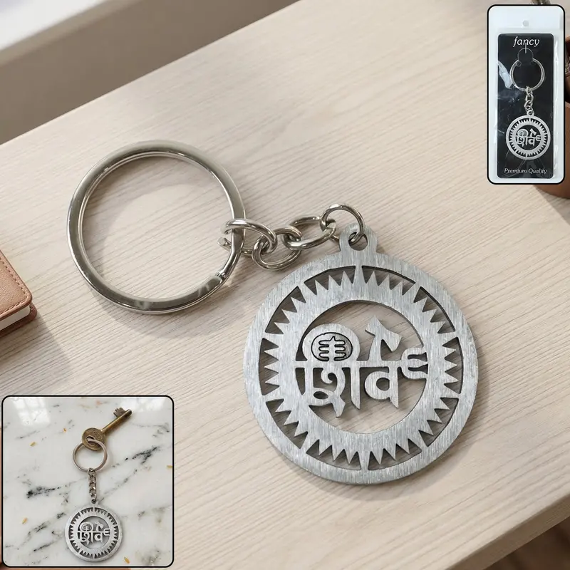 Round Om Shiv Symbol Keychain – Polished Metallic Devotional Accessory 1