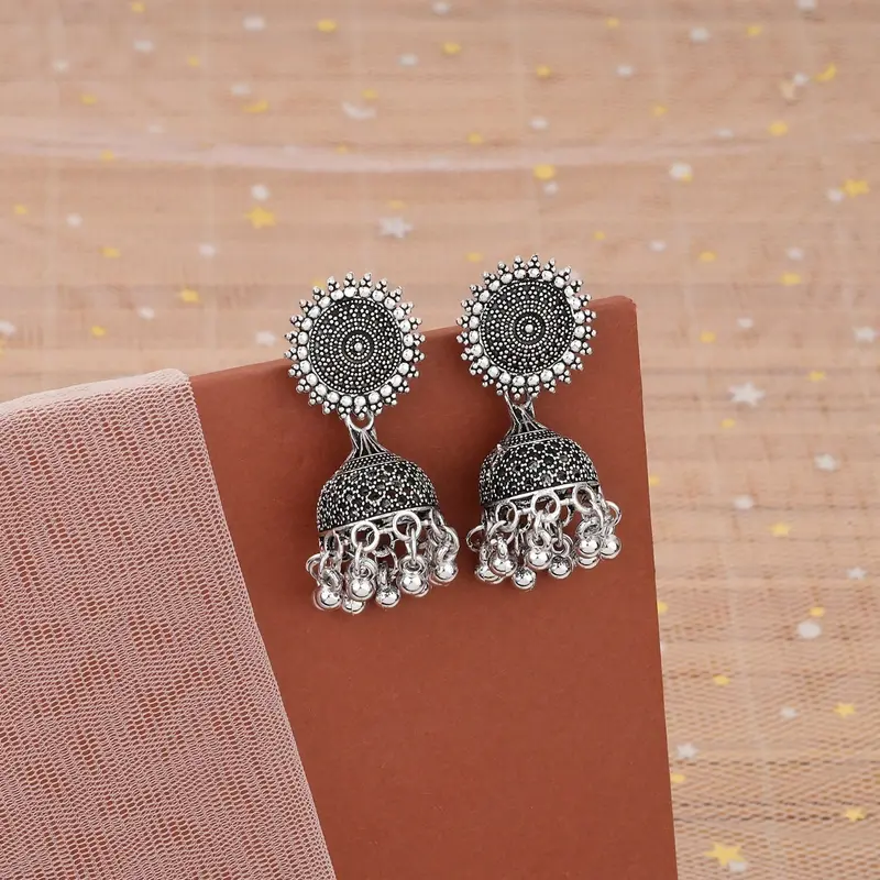 Round Stud Oxidized Silver Jhumka Earrings – Classic Design 1