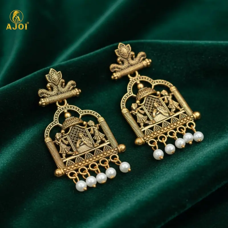 Royal Doli Motif Temple Earrings In Gold Tone With Pearl Danglers 1