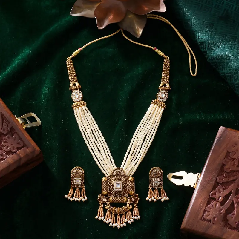Royal Gold & Pearl Necklace & Earring Set – Intricately Designed For Cultural Attire 1