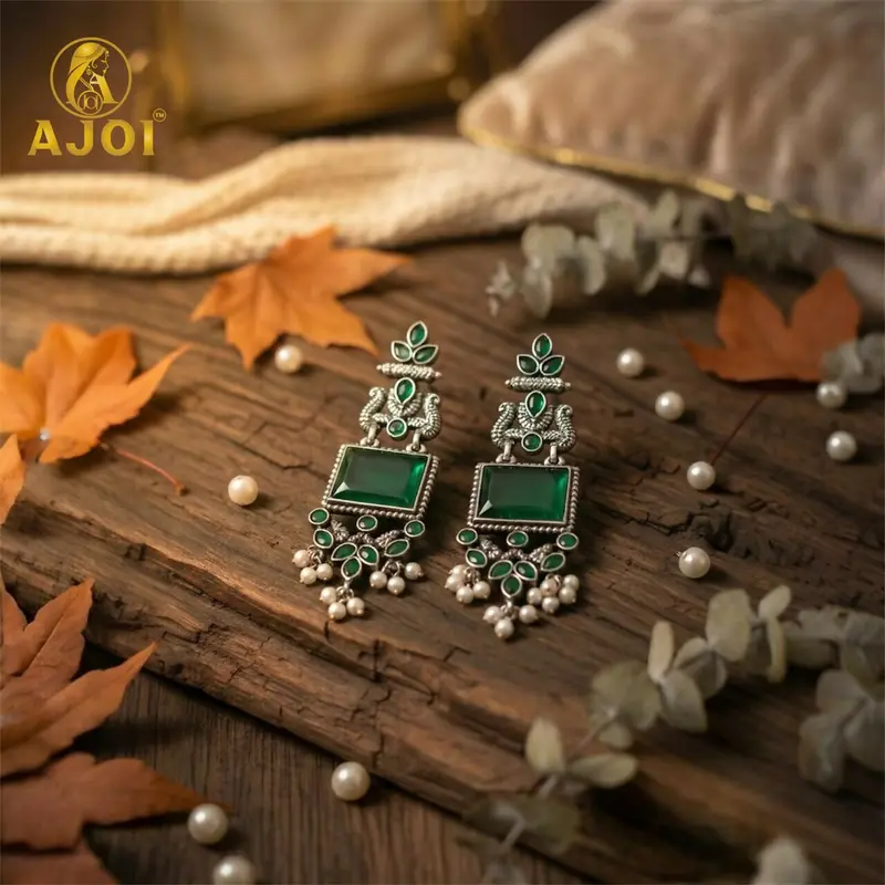 Royal Green Kundan And Pearl Earrings – Antique-Style Silver-Tone Ethnic Jewelry 1