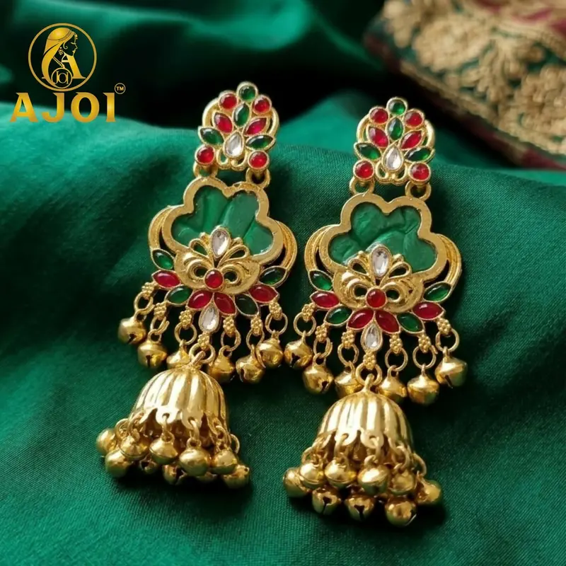 Royal Green Kundan Jhumkas With Gold Plating & Ghungroo Accents – Festive Earrings 1