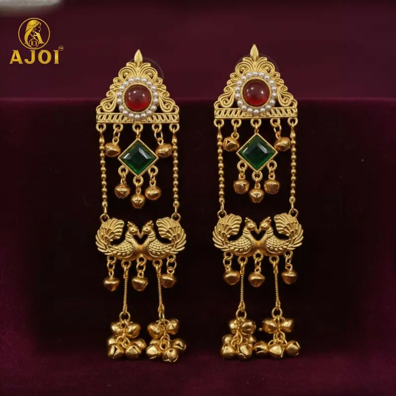 Royal Kashmiri Peacock Jhumkas Featuring Red And Green Gemstones 1