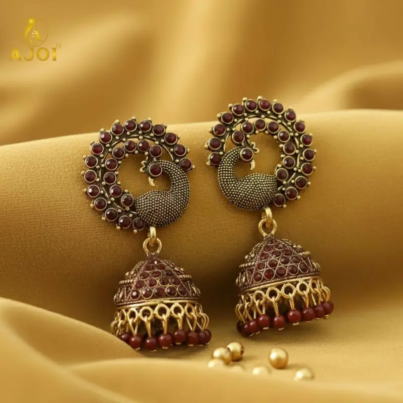 Royal Maroon Peacock Jhumkas With Antique Gold Plating 1