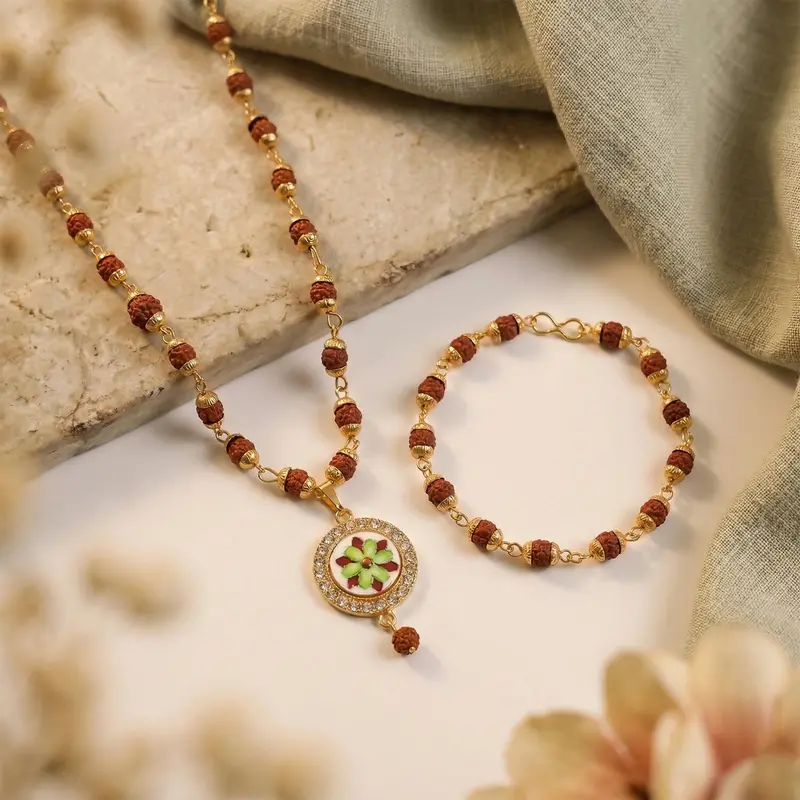 Rudraksha Jewelry Duo – Floral-Pendant Necklace & Matching Bracelet Set 1