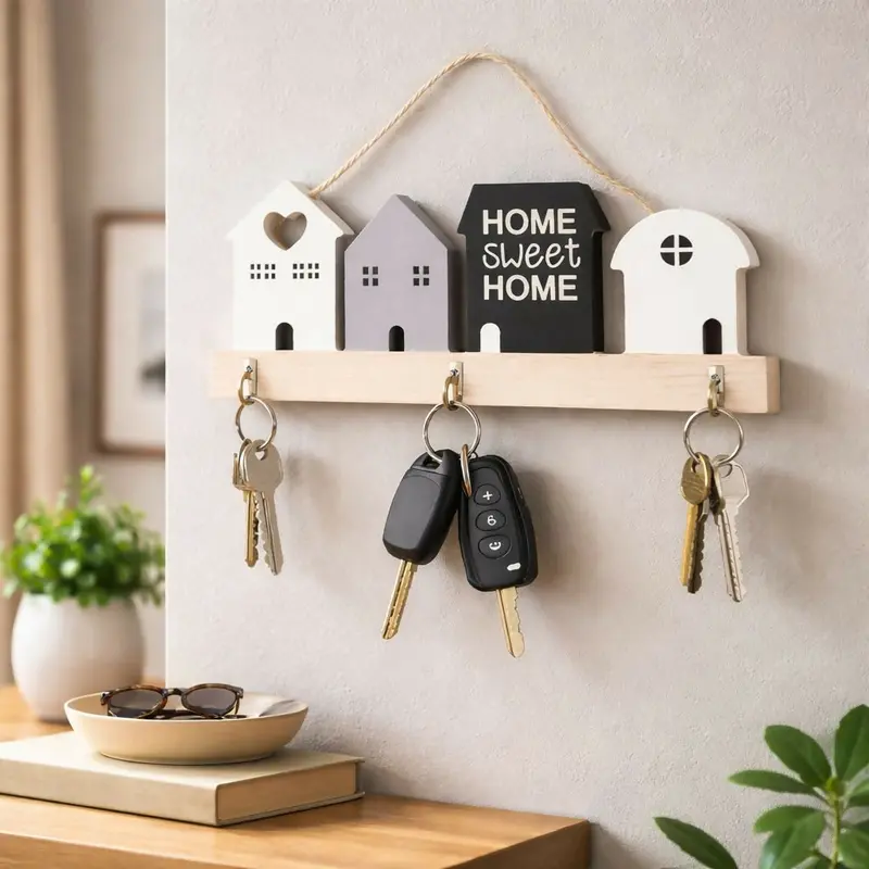 Rustic Wooden House-Shaped Wall Key Holder With 3 Hooks 1