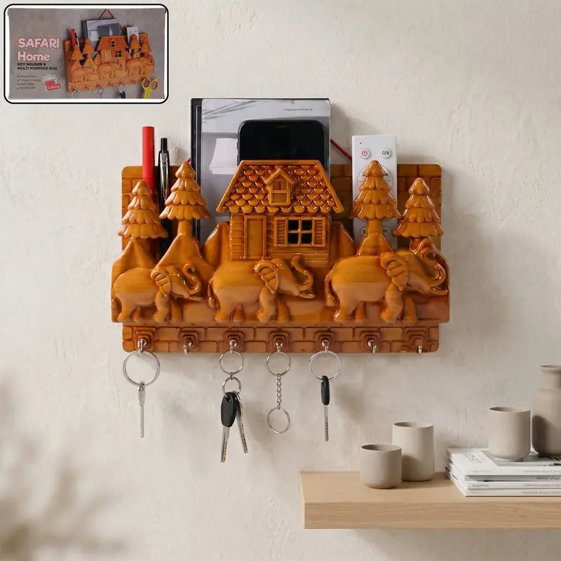 Safari-Themed Wall Key Rack – Decorative Organizer With Shelf & Hook Storage 1