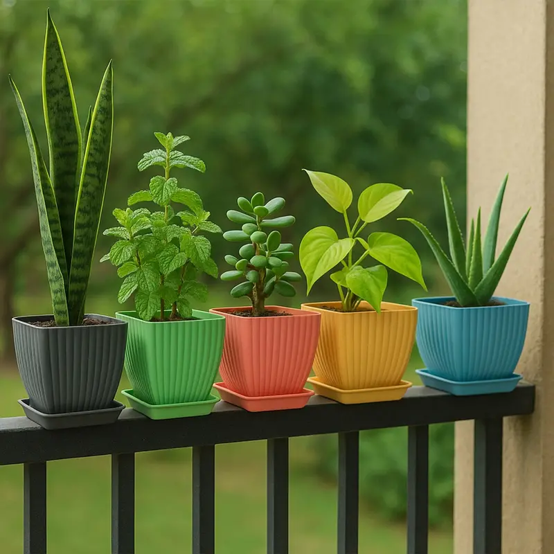 Set Of 5 Modern Square Plastic Flower Pots – Decorative Indoor/Outdoor Use 1