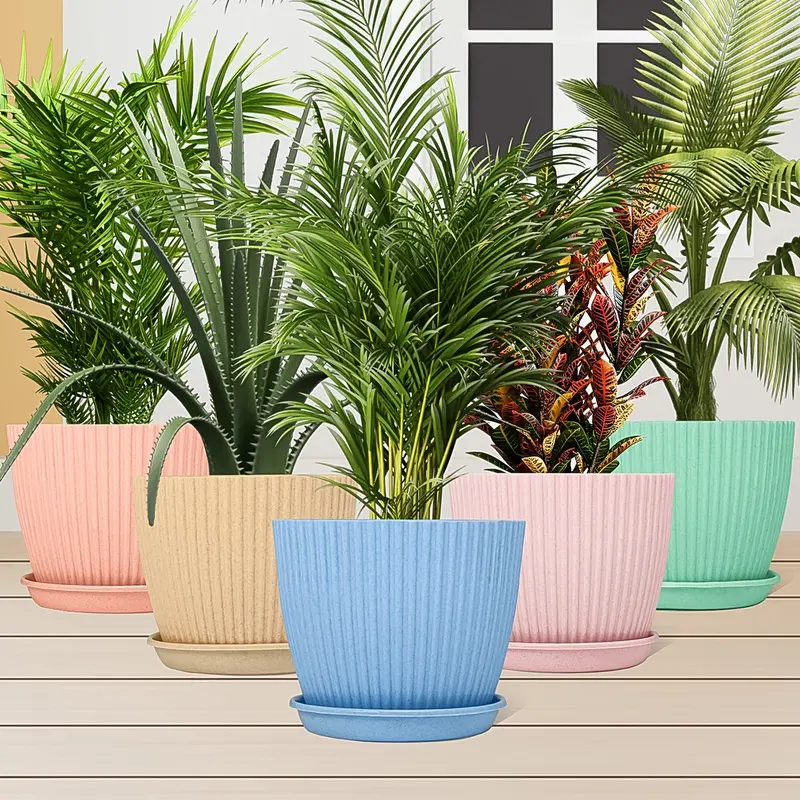 Set Of 5 Plastic Flower Pots With Drainage Trays – Indoor Gardening Essentials 1