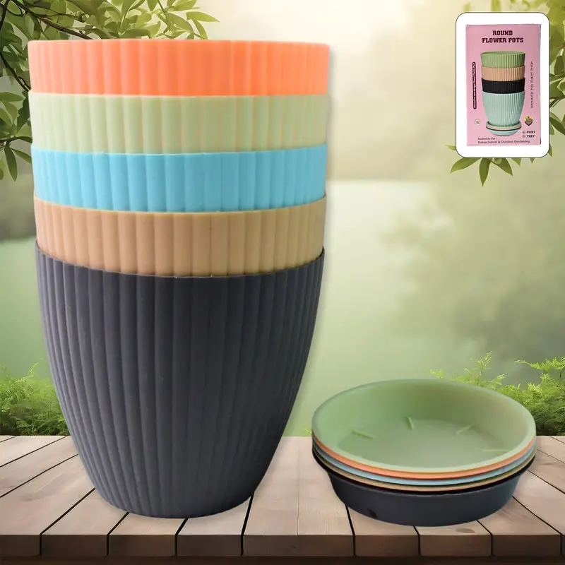 Set Of 5 Round Plastic Flower Pots With Drainage Trays – Color-Boxed Packaging 1