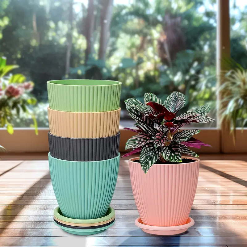 Set Of 5 Small Round Flower Pots With Drainage Trays (14×16 Cm) 1