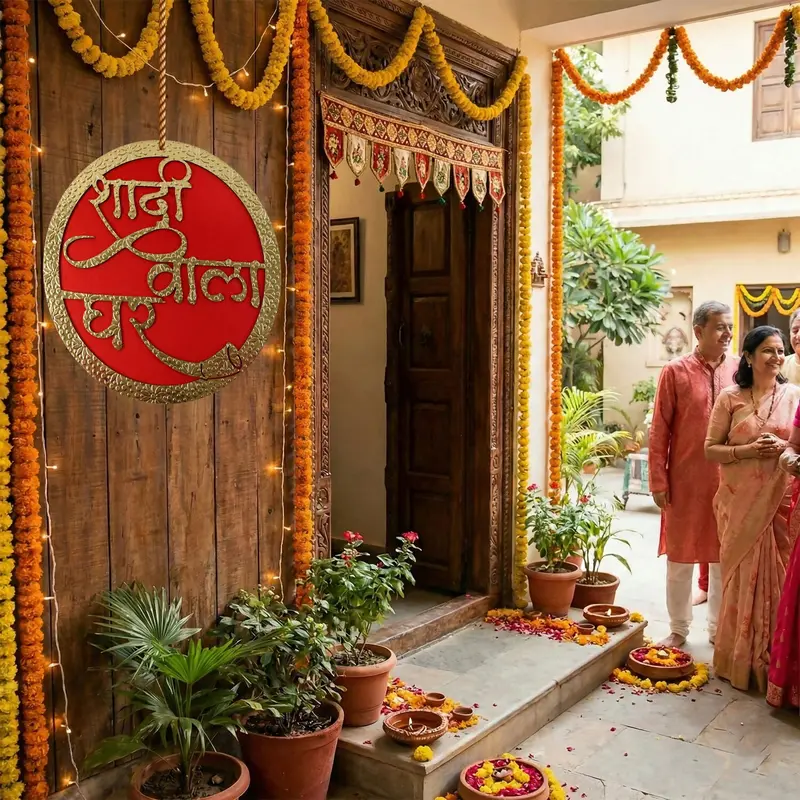 Shadi Wala Ghar Red & Gold Hindi Wall Hanging – Traditional Wedding Entrance Decor 1