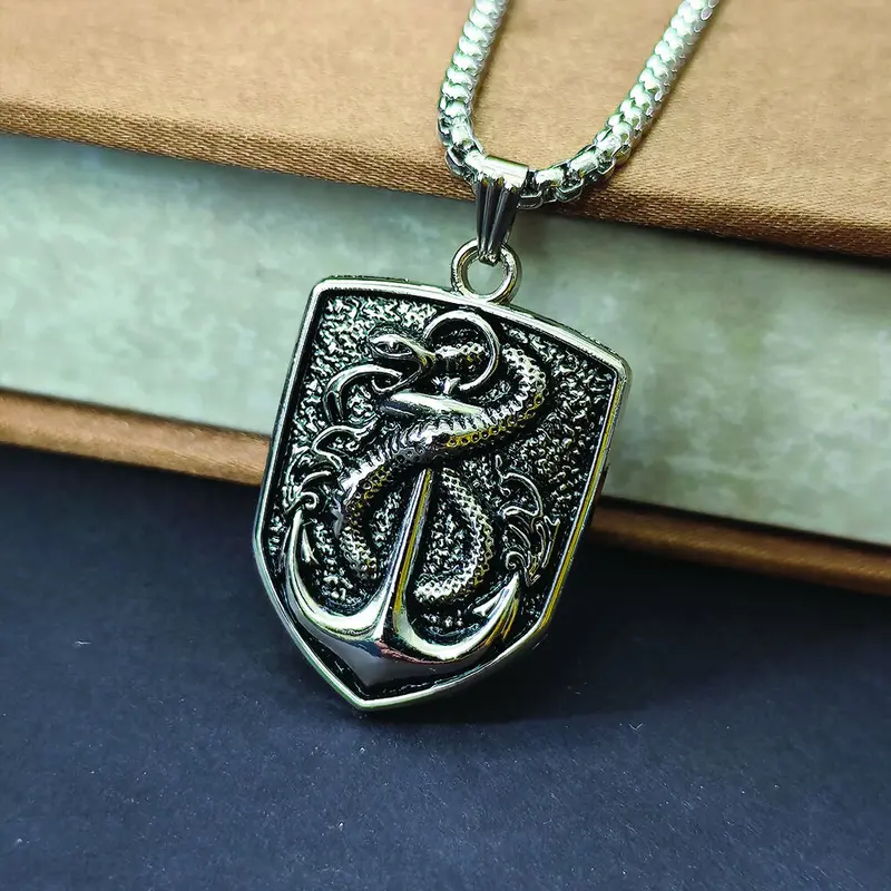 Shield & Snake Pendant – Silver-Plated Men’S Statement Necklace 1
