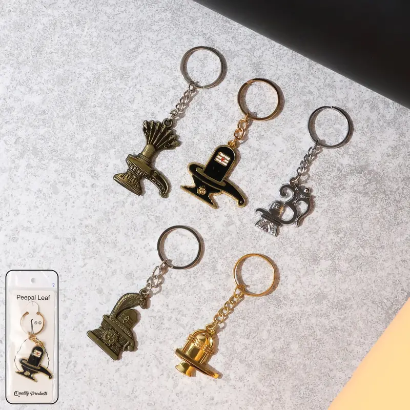 Shivling & Trishul Metal Keychain Set – 5-Piece Spiritual Design Collection 1