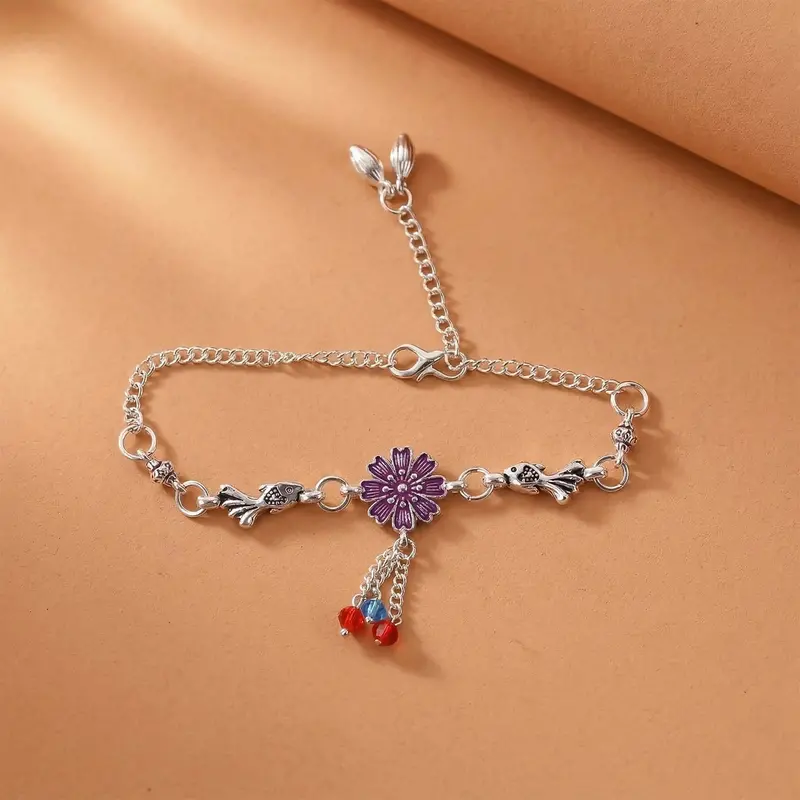 Silver Flower Charm Bracelet – Beaded Design With Adjustable Chain For Women 1