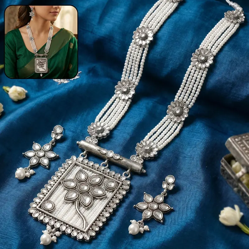 Silver & Pearl Floral Jewelry Set – Delicate Necklace And Earrings For Formal Events 1