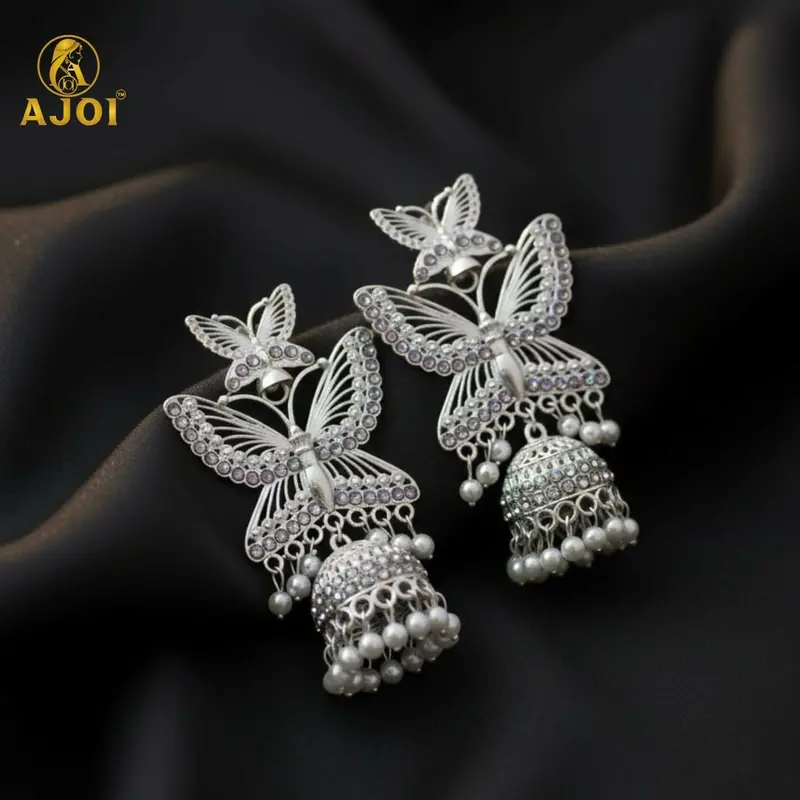 Silver-Plated Butterfly Designer Jhumkas With Pearl Drops 1
