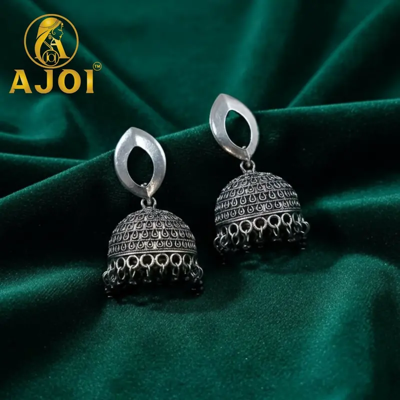 Silver Teardrop Jhumkas Infused With Classic Indian Ornamental Detailing 1