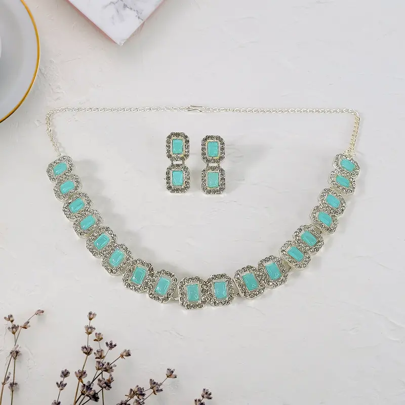 Sky Blue American Diamond Necklace And Matching Jewelry Set 1