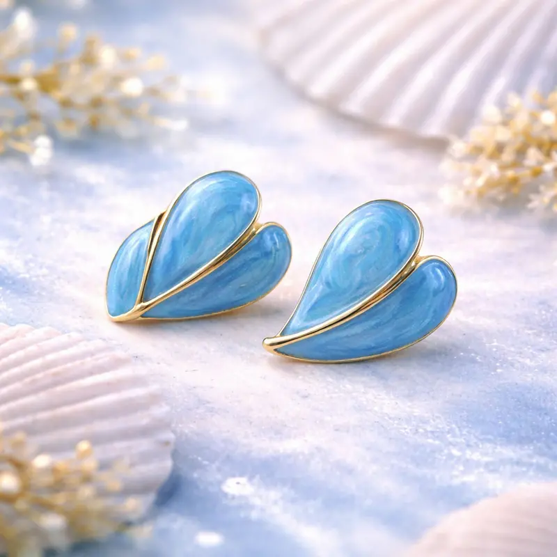 Sky Blue Glossy Leaf Stud Earrings With Gold-Tone Finish For Women 1