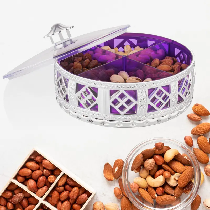 Sleek Silver Round Gift Box With Four Dividers – Multipurpose Dry Fruit Or Candy Container 1