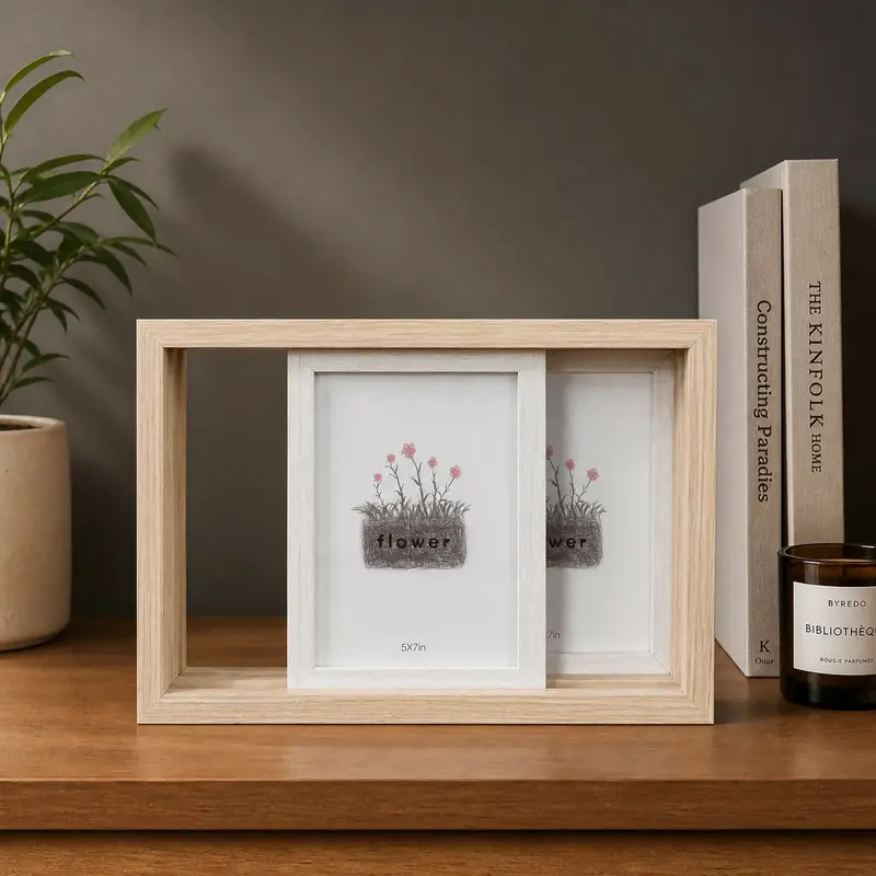 Sliding Wooden Double Photo Frame – 5X7 Horizontal Tabletop Display 1
