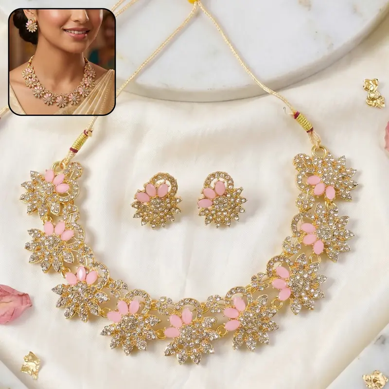 Soft Pink Metallic Jewelry Set – Gentle-Tone Necklace & Earrings For Women 1